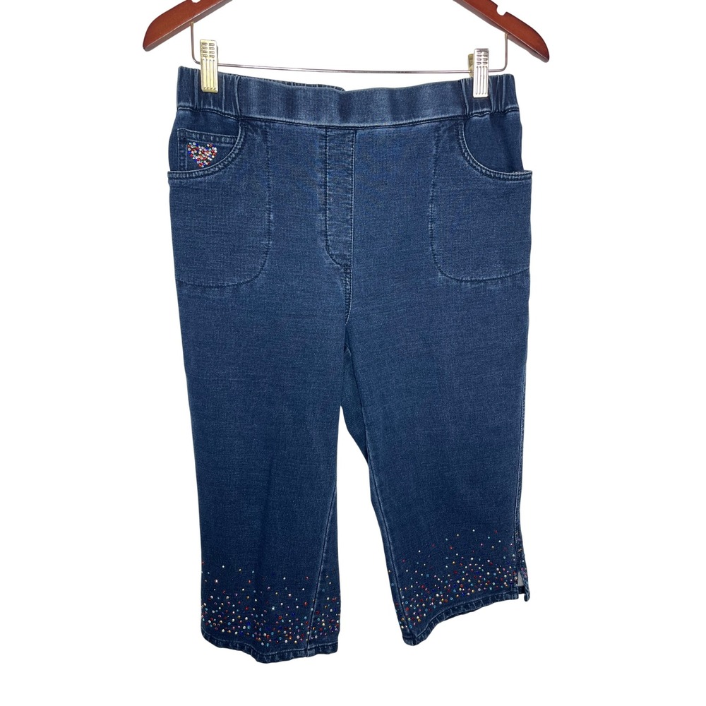 Quacker Factory DreamJeannes Capri Pants S Blue Rhinestone Hem Heart Mid Rise